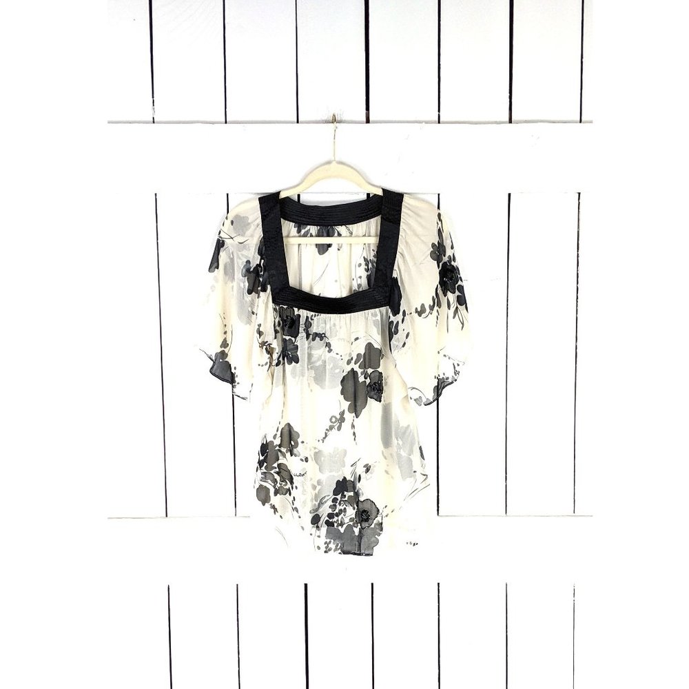 90s vintage ivory black sheer floral beaded flutter sleeve billowy blouse